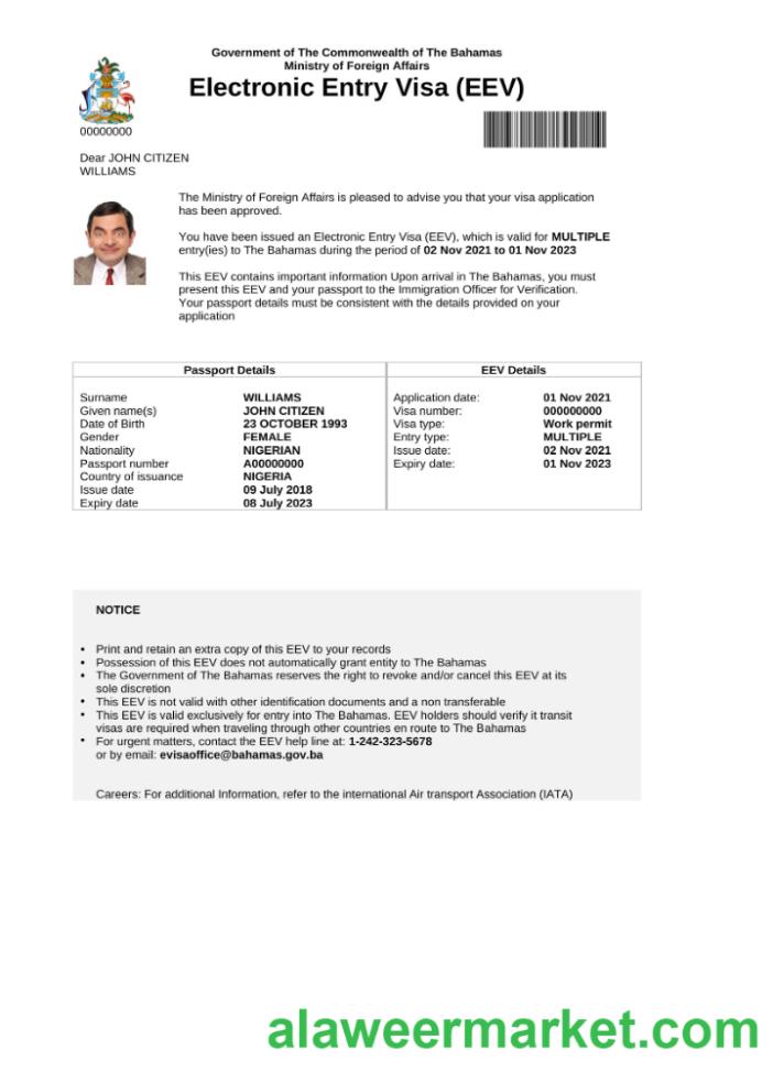 Bahamas e-visa in Word and PDF template